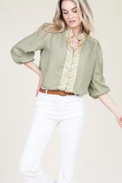 New Greek Archaic Kori Cotton Blouse With Embroidery Sofi | Green... | | Little Soho