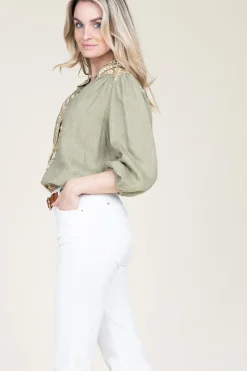 New Greek Archaic Kori Cotton Blouse With Embroidery Sofi | Green... | | Little Soho