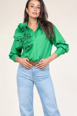 Online Copenhagen Muse Cotton Blouse With Roset Pleat | Green... | | Little Soho