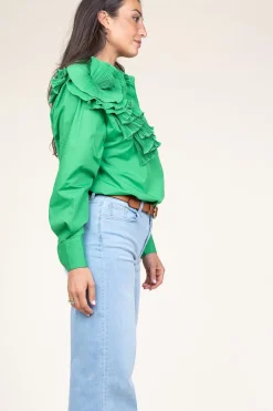 Online Copenhagen Muse Cotton Blouse With Roset Pleat | Green... | | Little Soho