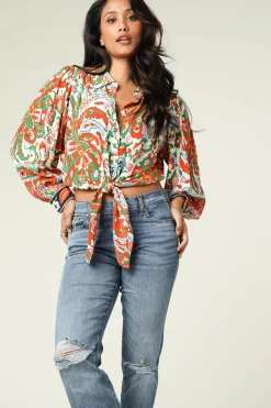 Best ba&sh Cropped Retro Print Blouse Martha | Orange... | | Little Soho
