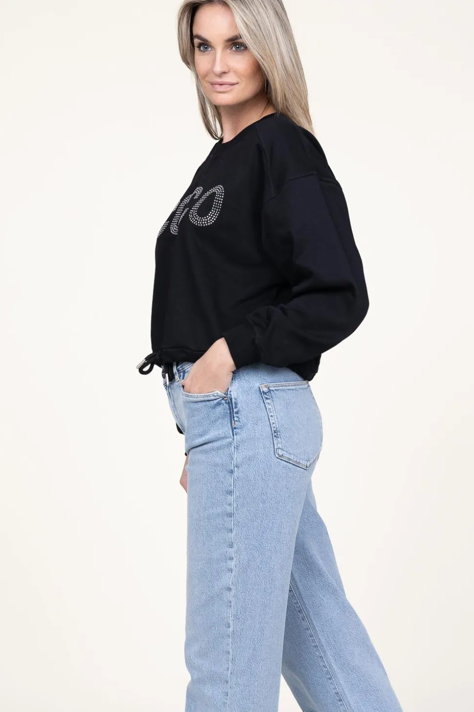 Fashion Co'Couture Cropped Sweater With Rhinestones Stone | Black... | | Little Soho