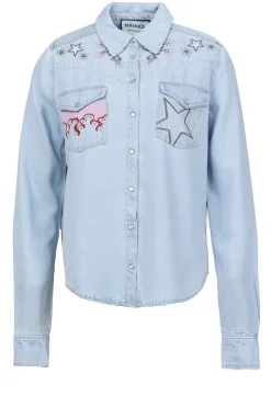 New Berenice Denim Blouse With Embroidery Cabana Flamme | Blue... | | Little Soho