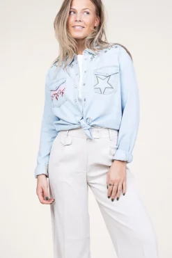 New Berenice Denim Blouse With Embroidery Cabana Flamme | Blue... | | Little Soho
