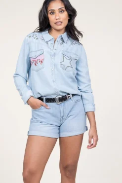 New Berenice Denim Blouse With Embroidery Cabana Flamme | Blue... | | Little Soho