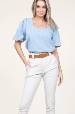 Fashion 45374 Denim Top With Puffed Sleeves Delhi | Blue... | March23 | Little Soho