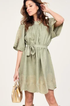 Clearance Greek Archaic Kori Dress With Labyrinth Embroidery Zoe | Green... | | Little Soho