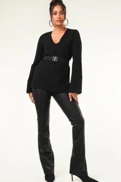 Hot Knit-ted Faux Leather Flared Pants Afke | Black... | | Little Soho