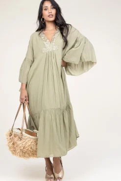 Hot Greek Archaic Kori Flowy Embroidered Maxi Dress Ireen | Green... | | Little Soho