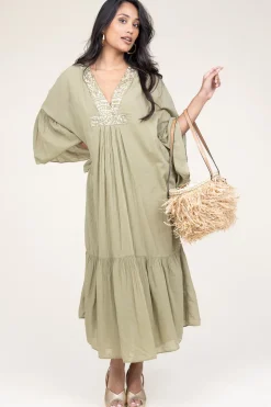 Hot Greek Archaic Kori Flowy Embroidered Maxi Dress Ireen | Green... | | Little Soho
