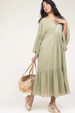 Hot Greek Archaic Kori Flowy Embroidered Maxi Dress Ireen | Green... | | Little Soho