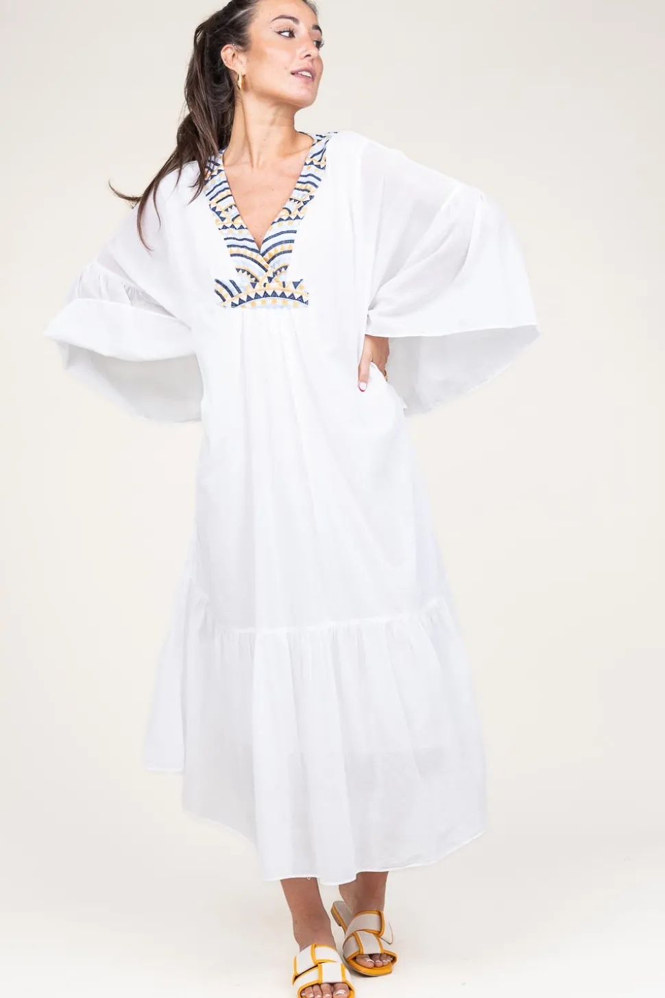 Hot Greek Archaic Kori Flowy Embroidered Maxi Dress Ireen | White... | | Little Soho