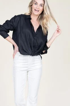 Fashion Greek Archaic Kori Linen Blouse With Tie Detail Marlin | Black... | | Little Soho