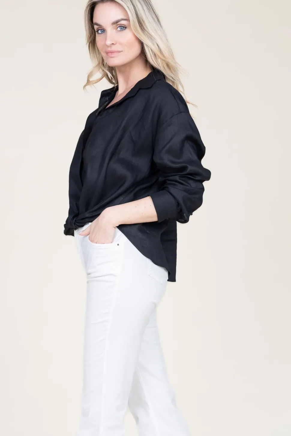 Fashion Greek Archaic Kori Linen Blouse With Tie Detail Marlin | Black... | | Little Soho