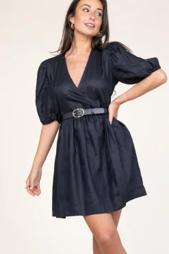 Cheap Greek Archaic Kori Linen Dress With Puffed Sleeves Jill | Black... | | Little Soho
