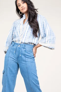 New Stella Forest Linen Mix Blouse With Puffed Sleeves Fiorella | Blue... | | Little Soho