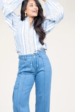 New Stella Forest Linen Mix Blouse With Puffed Sleeves Fiorella | Blue... | | Little Soho