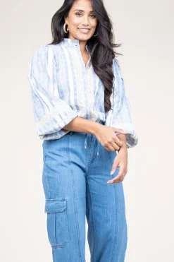 New Stella Forest Linen Mix Blouse With Puffed Sleeves Fiorella | Blue... | | Little Soho