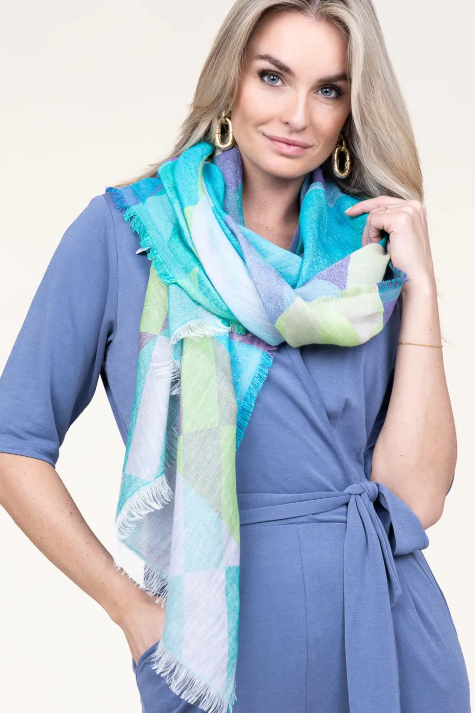 Hot Moment Amsterdam Linen Mix Scarf With Print Lilly | Blue... | | Little Soho