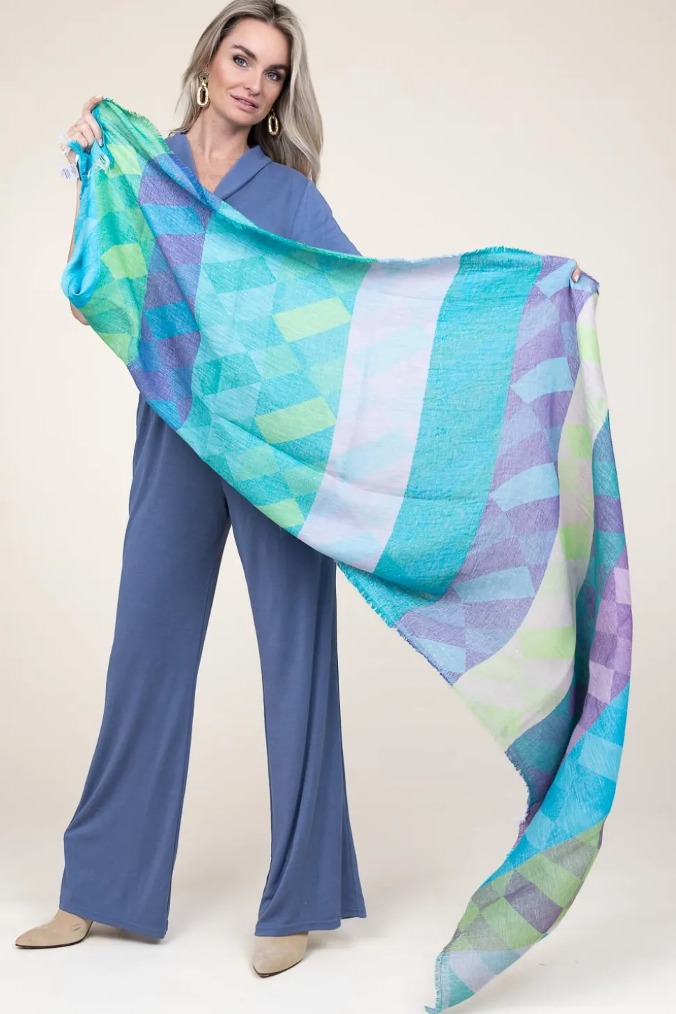 Hot Moment Amsterdam Linen Mix Scarf With Print Lilly | Blue... | | Little Soho