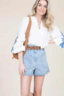 Hot Twinset Linen Top With Embroidered Sleeves Liusa | White... | | Little Soho