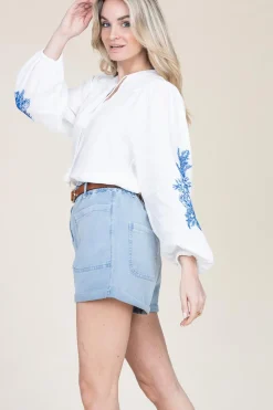 Hot Twinset Linen Top With Embroidered Sleeves Liusa | White... | | Little Soho