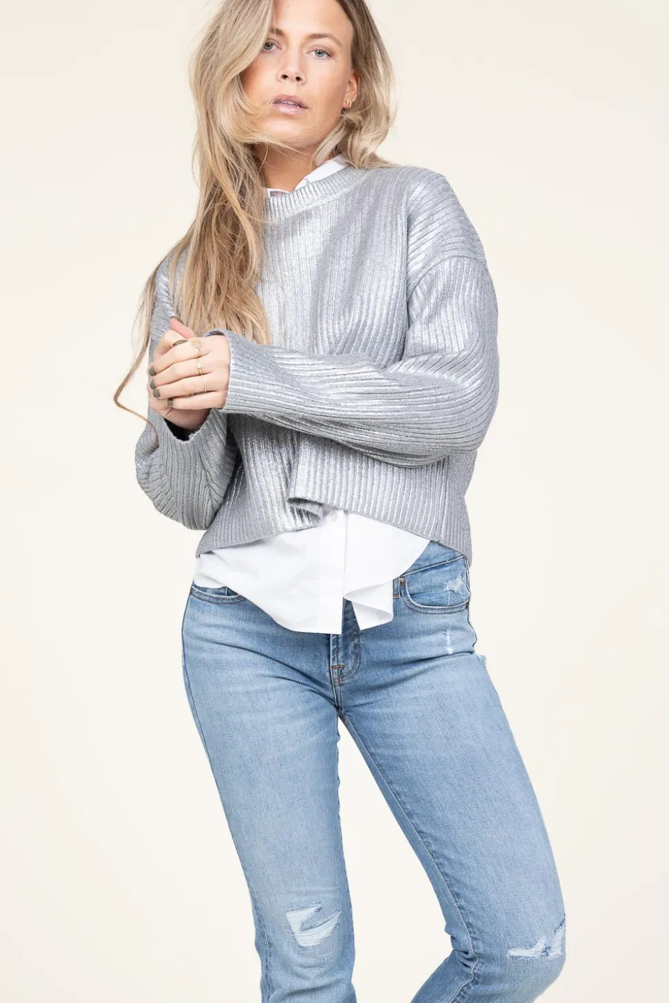 Outlet Co'Couture Metallic Boxy Sweater Row | Silver... | | Little Soho