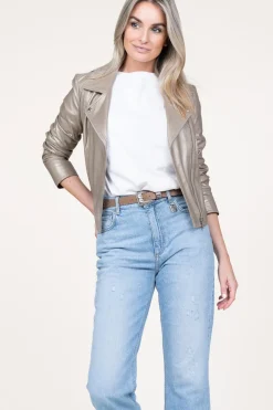 Discount STUDIO AR Metallic Leather Biker Jacket Lovato | Taupe... | | Little Soho