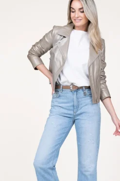 Discount STUDIO AR Metallic Leather Biker Jacket Lovato | Taupe... | | Little Soho