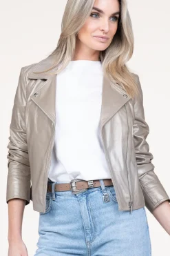 Discount STUDIO AR Metallic Leather Biker Jacket Lovato | Taupe... | | Little Soho