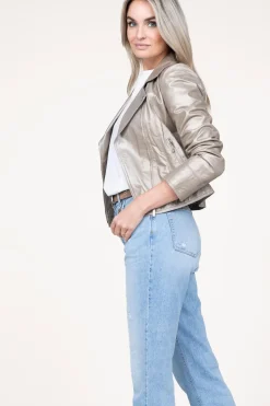 Discount STUDIO AR Metallic Leather Biker Jacket Lovato | Taupe... | | Little Soho