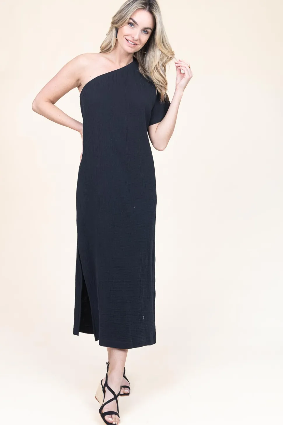 Shop 45374 One-Shoulder Mousseline Dress Toledo | Black... | March23 | Little Soho