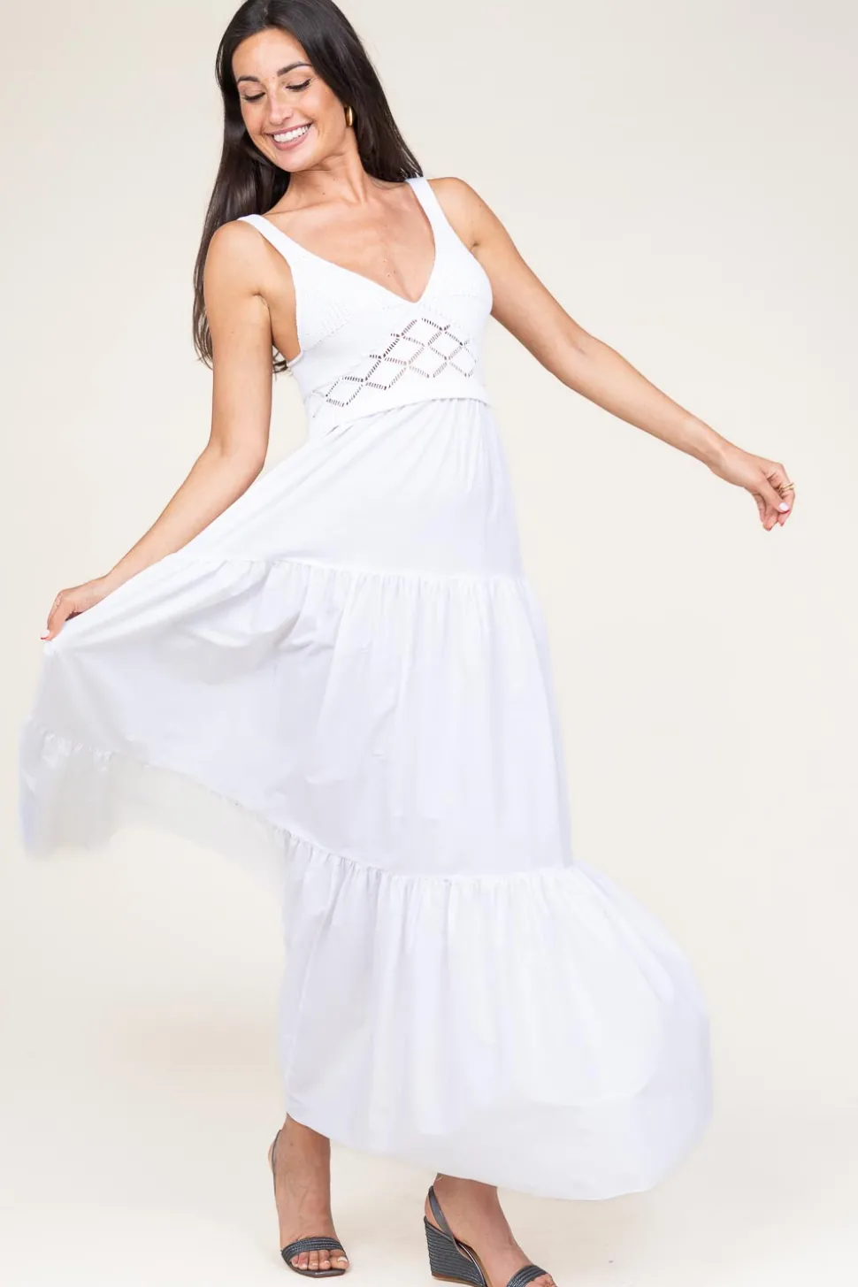 New Liu Jo Poplin Crochet Maxi Dress Marsala | White... | | Little Soho