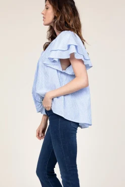 Discount Ibana Striped Top With Ruffle Sleeves Truff | Blue... | | Little Soho